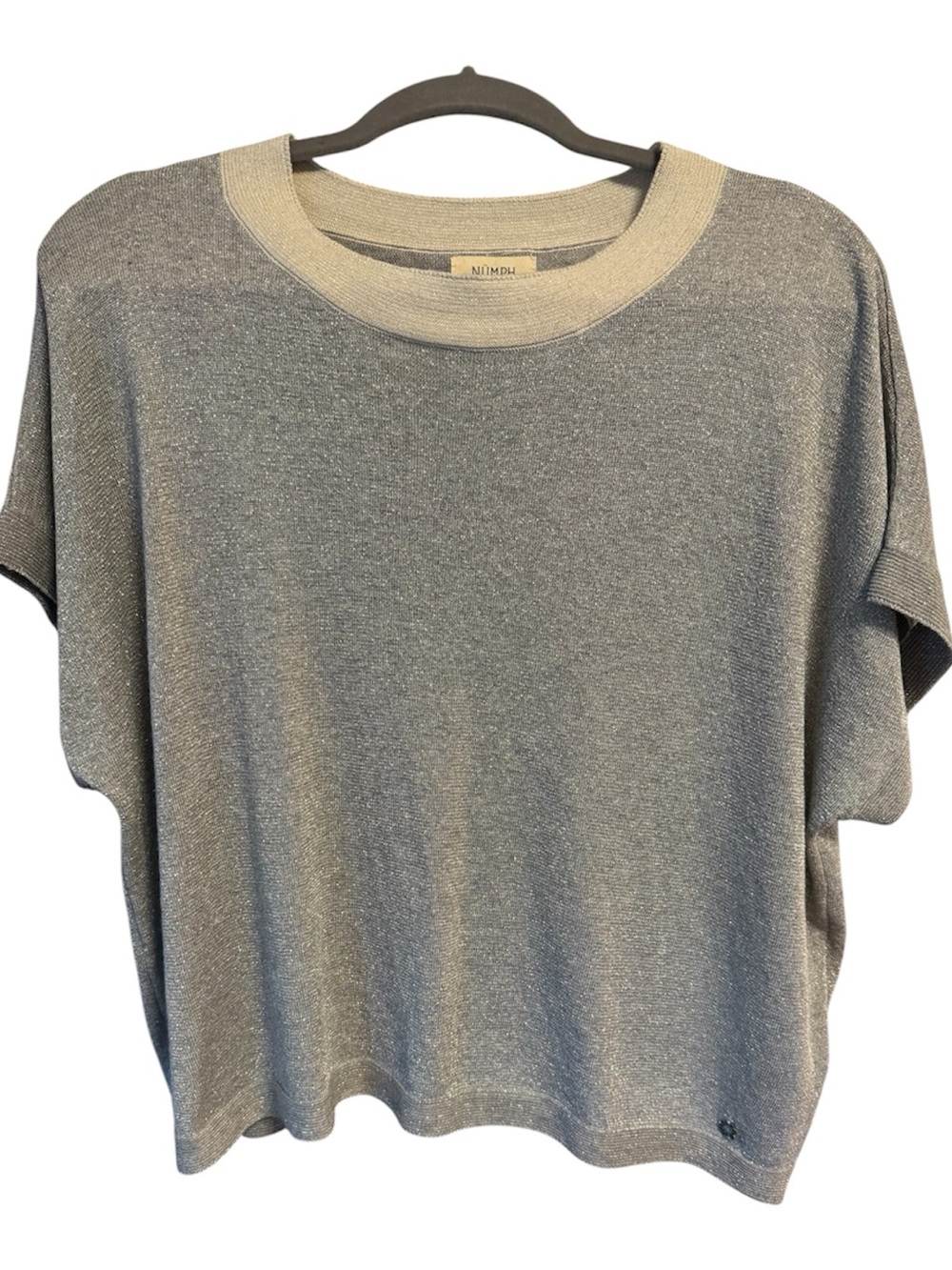 Numph Metallic Gray Short Sleeve Tee with Contrast Neckline